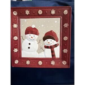 St. Nicholas Square Yuletide Snowmen Red Rim Embossed White Square Serving Plate